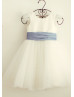 Ivory Satin Polka Dots Tulle Knee Length Flower Girl Dress 